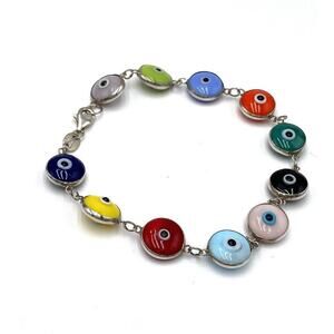 925 Sterling Silver Evil Eye Bracelet 6.5” Colorful Glass